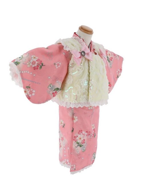 七五三 1〜2歳女の子用被布[ガーリー]クリームにレースリボン(着物)ピンクに花と星No.82H